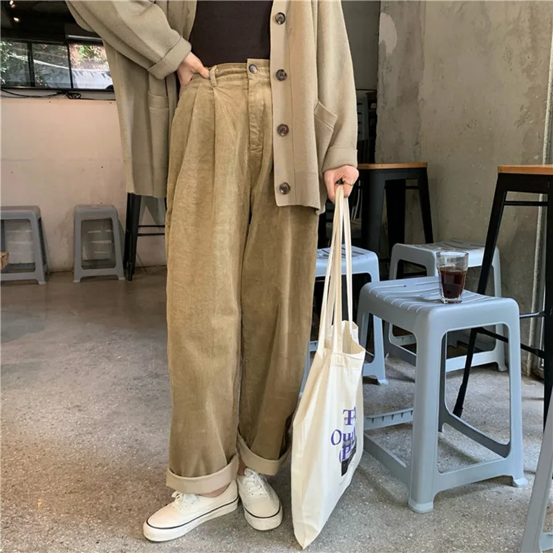 

New Autumn Winter Suit Pants Casual Loose Trousers Female OL Wear High Waist Straight Thick Corduroy Pants Women Bottoms