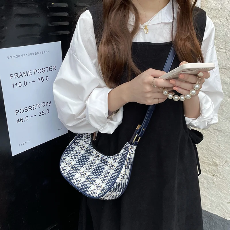 Retro Plaid Women's Hobos Shoulder Messenger Bag Fashion Ladies Half Moon Underarm Bags Vintage Female Small Tote Purse Handbags