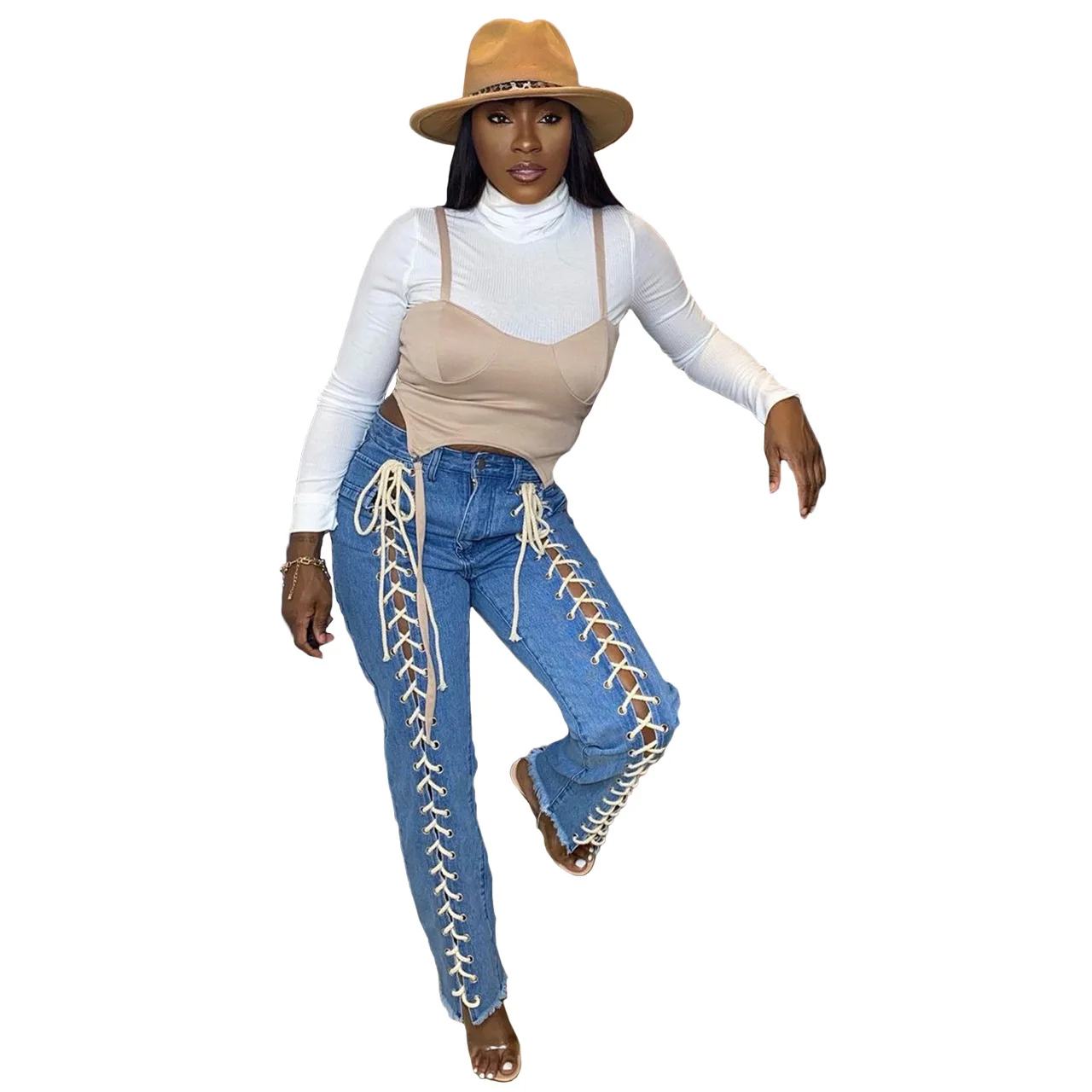 

Denim Trousers Lace Up Cut Out Fashion Denim Street Fashion Personalized Jeans