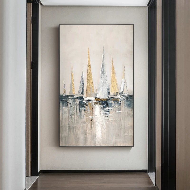 

Hand Painted 3D Abstract Gold Sea Boat Plain Sailing Oil Painting On Canvas Sailboat Wall Art Living Room Home Decor No Framed