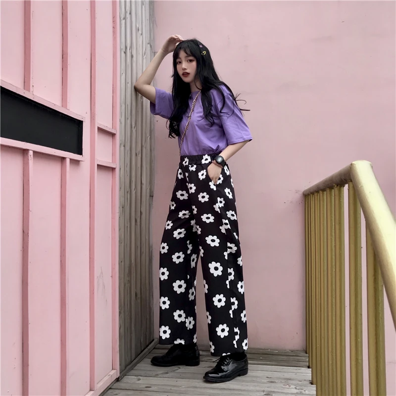 Корейские женские прямые брюки с завышенной талией и цветочным принтом ромашки В