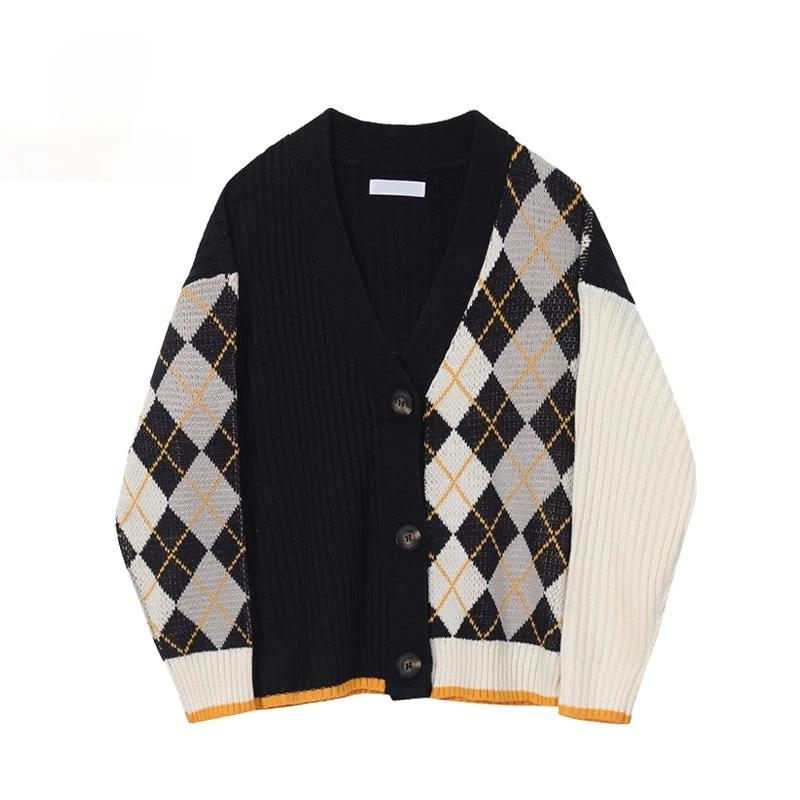 

Vintage Geometric Rhombic Cardigan Sweater Women Autumn Warm Long Sleeve Outerwear 2020 Elegant V-Neck Chic Patchwork Knit Tops