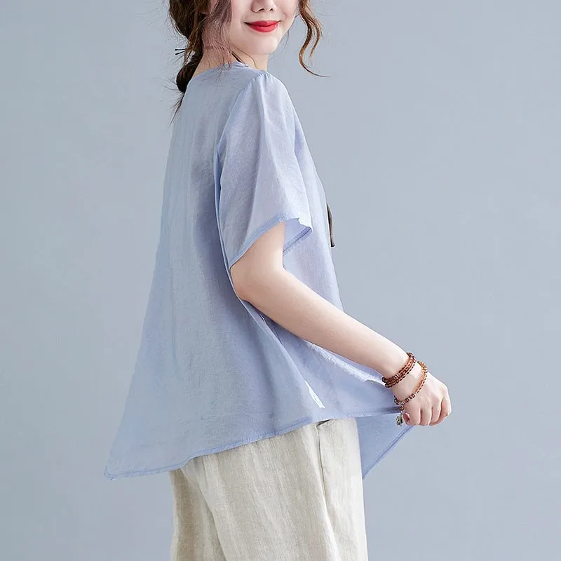 

Women Cotton Linen Casual T-shirts New Arrival 2021 Summer Vintage Style Floral Embroidery Loose Female Tops Tees S3677