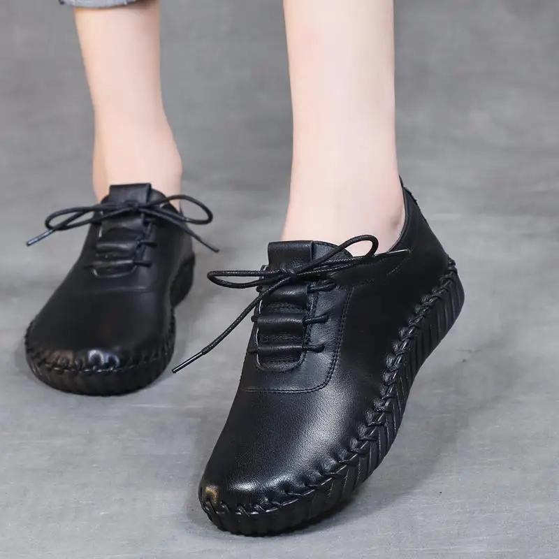 New White Lace Up Flats Women's Shoes Summer Autumn Loafers Woman Perforate Ballet Shoes Ladies Flats Leather Driving Moccasins
