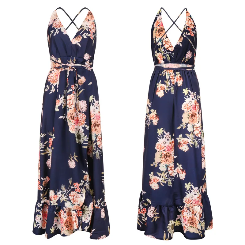 

Fashion Ruffle Boho Lace Up Long Dress Summer Women Sexy Backless Print Maxi Sundress V-Neck Strap Evening Party Dresses Vestido