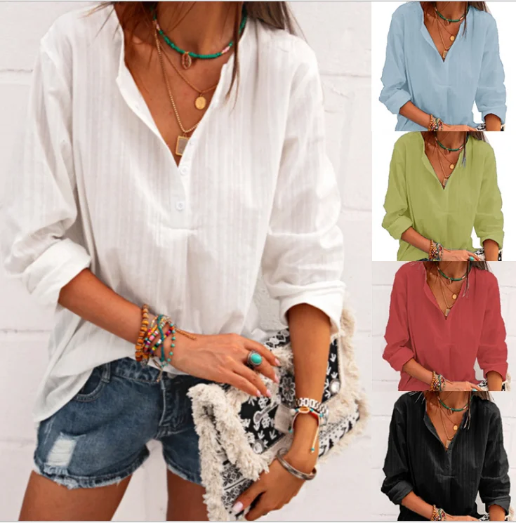 

Fashion Spring Summer Long Sleeve Blouse Cotton hemp V-neck stripe Elegant Office Lady Shirt Women Casual Tops Blusa Streetwear