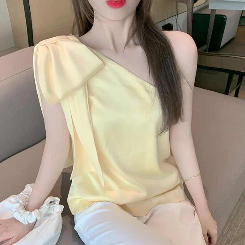 

Blusas De Mujer 2021 Off Shoulder Slant Collar Sleeveless Vest Women French Bow Pink Dropshipp Solid Sexy Chiffon Elegant 0984