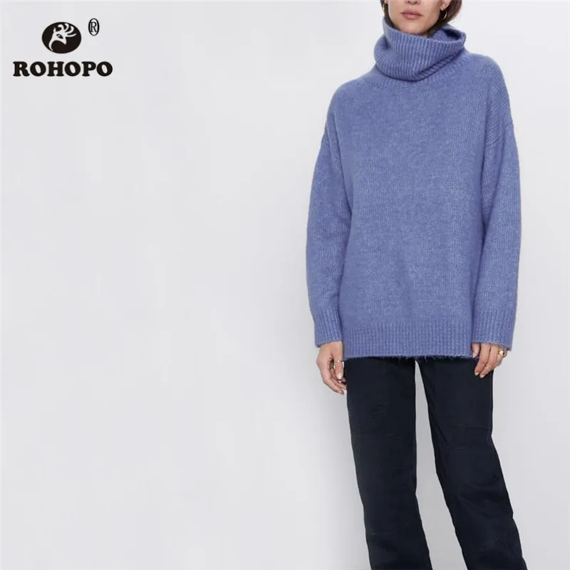 ROHOPO свитер с рюшами и высоким воротником черный небесно-голубой серый однотонный