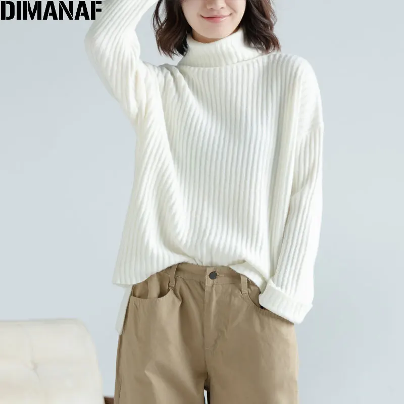 Женский трикотажный свитер DIMANAF Свободный пуловер-водолазка с длинным рукавом и