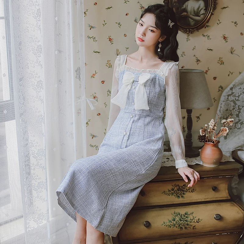 

Film is not lower than 】 【 spot long-sleeved French literary restoring ancient ways fall on the new dress