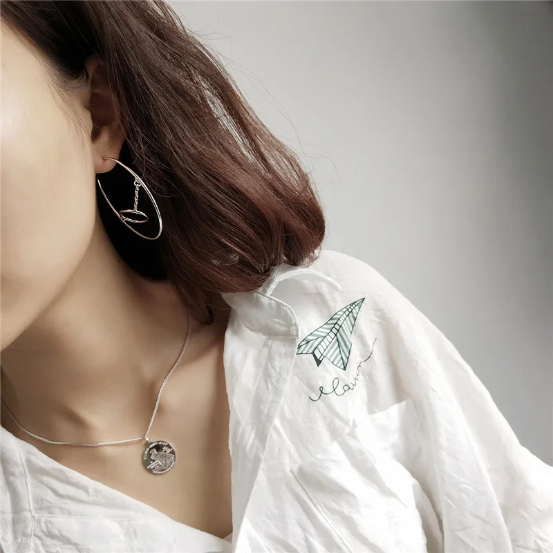 

POFUNUO Real 925 Sterling Silver Women Geometric Big Circle Hoop Earrings Girls Korean Style Luxury Minimalist Swing Earrings