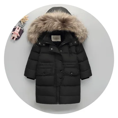 Raccoon Fur Black Зимняя куртка Модные Детские Пуховые Пальто с капюшоном воротник из натурального меха, толстая Длинная зимняя куртка s для мальчиков и девочек, Детское пальто - Цвет: Raccoon Fur Black