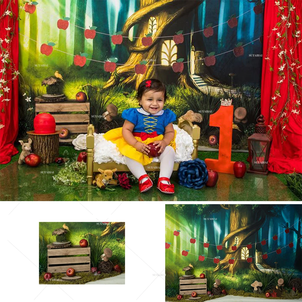 

Green Spring Backdrop Fantasy Forest Sunlight Jungle Tree Hole Red Apples Background for Princess Girls Birthday Party Backdrops