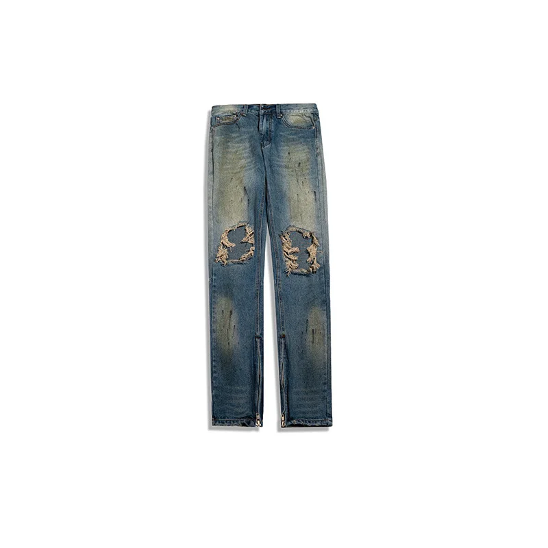 

New Autumn and Winter Large Holes Slim Straight Leg Pants Zipper Leg Street Style Dirty Jeans