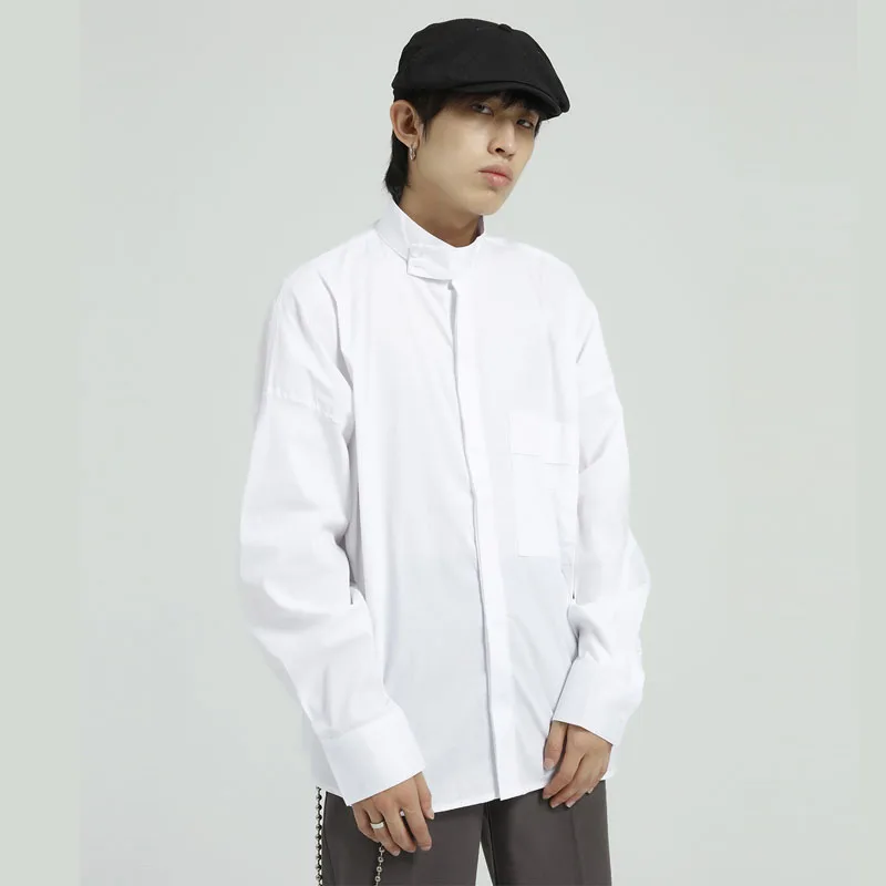Мужские однотонные белые и черные повседневные рубашки с воротником стойкой
