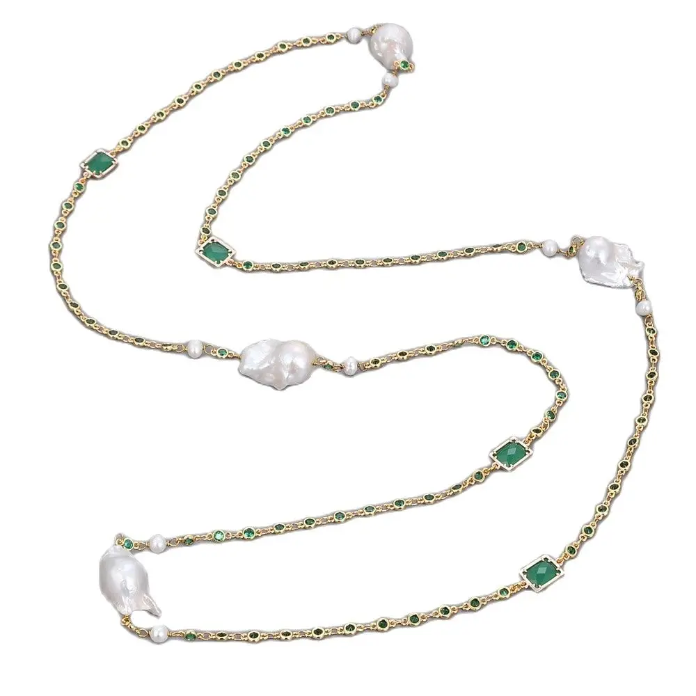 

GG Jewelry 43" White Keshi Pearl Green Crystal Chain Necklace Earrings Sets