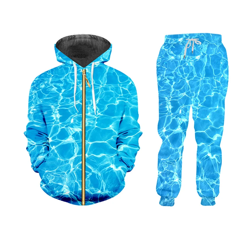 

CJLM Hip Hop Women/men Jogger Pants Sweatshirt Wave water Tracksuit Sweatpants Hoody Refreshing blue Streewear Two Piece Set