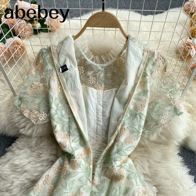 

High Quality Embroidery Mesh Dress Women French Elegant A-line Dresses Summer Fashion Streetwear Dress