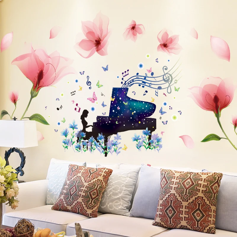 

[shijuekongjian] Piano Performance Girl Wall Stickers DIY Pink Color Flowers Wall Decals for Kids Bedroom Living Room Decoration