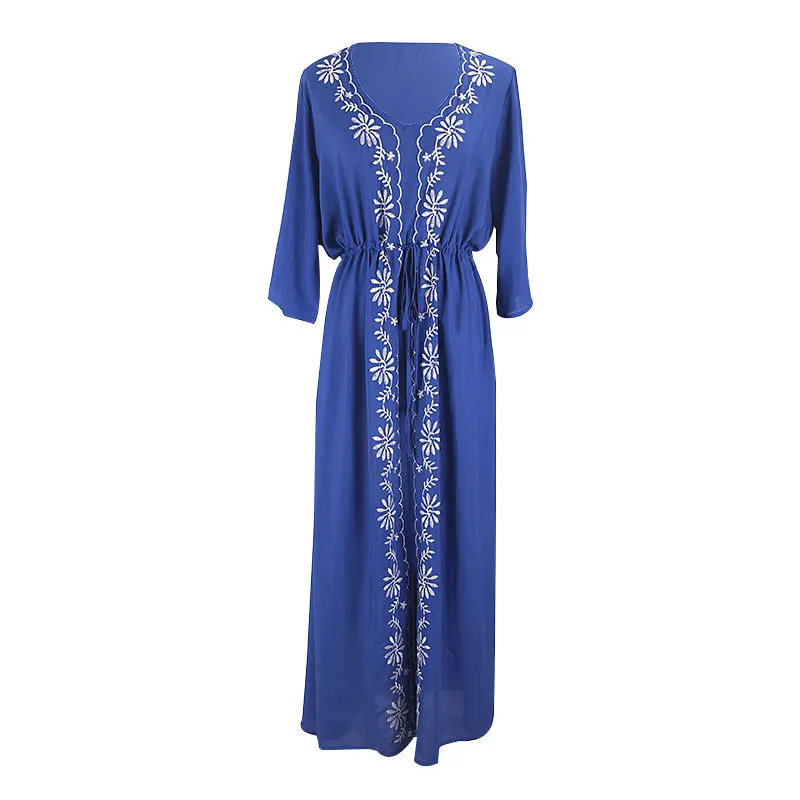 New Blue Bottom White Embroidered Drawstring Beach Skirt Seaside Resort Sun Protection Clothing Women'S Swimsuit Blouses Robe