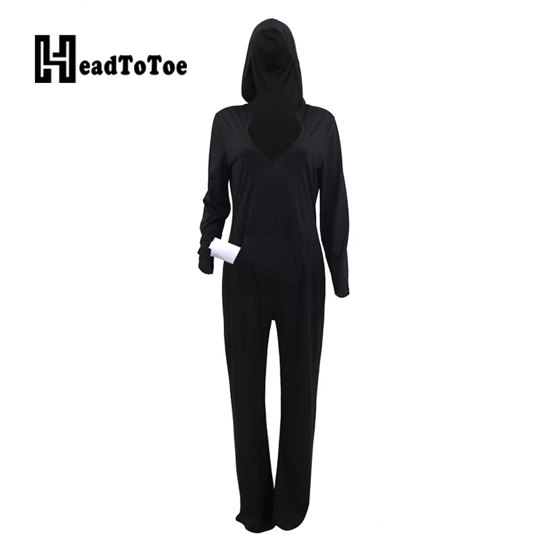 

Solid Pocket Casual Loose Romper Woman Full Sleeve Hooded Jumpsuit Women