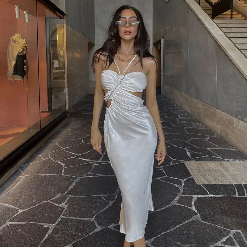 

FAKUNTN Women's Summer Dress 2021 Streetwear Hollow Out Sleeveless Backless Pleated Bandage Sexy Party Dress Woman Clothes