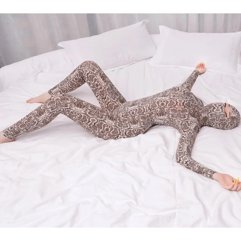 Змеиный принт Кобра с длинным рукавом Bodycon комбинезон на молнии боди открытой