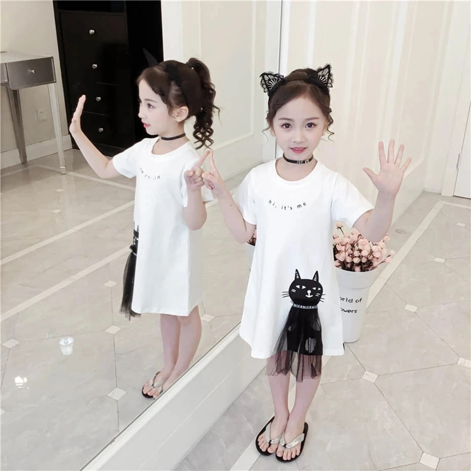 

Summer Dress For Girls Casual Style Girls' Dresses Cartoon Cat Kids Dresses Teenage Girls Costumes Kids 4 5 6 7 8 9 10 12 Years