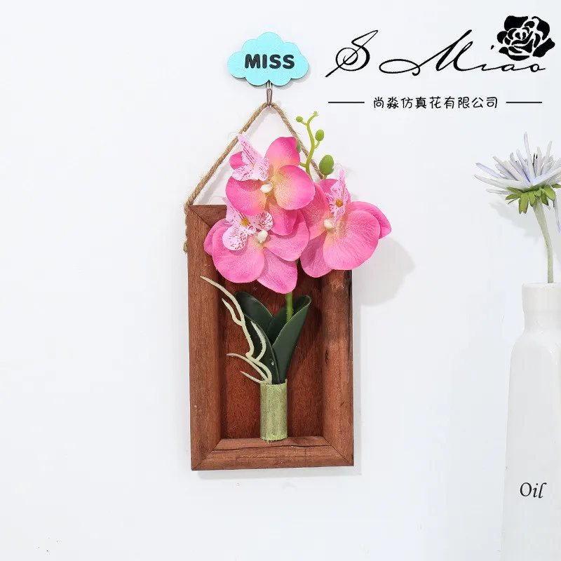 

Small 3 Heads Silk Butterfly Orchid Wall Hanging Frame Wooden Potted Plant Artificial Flower Bonsai Home Decoration