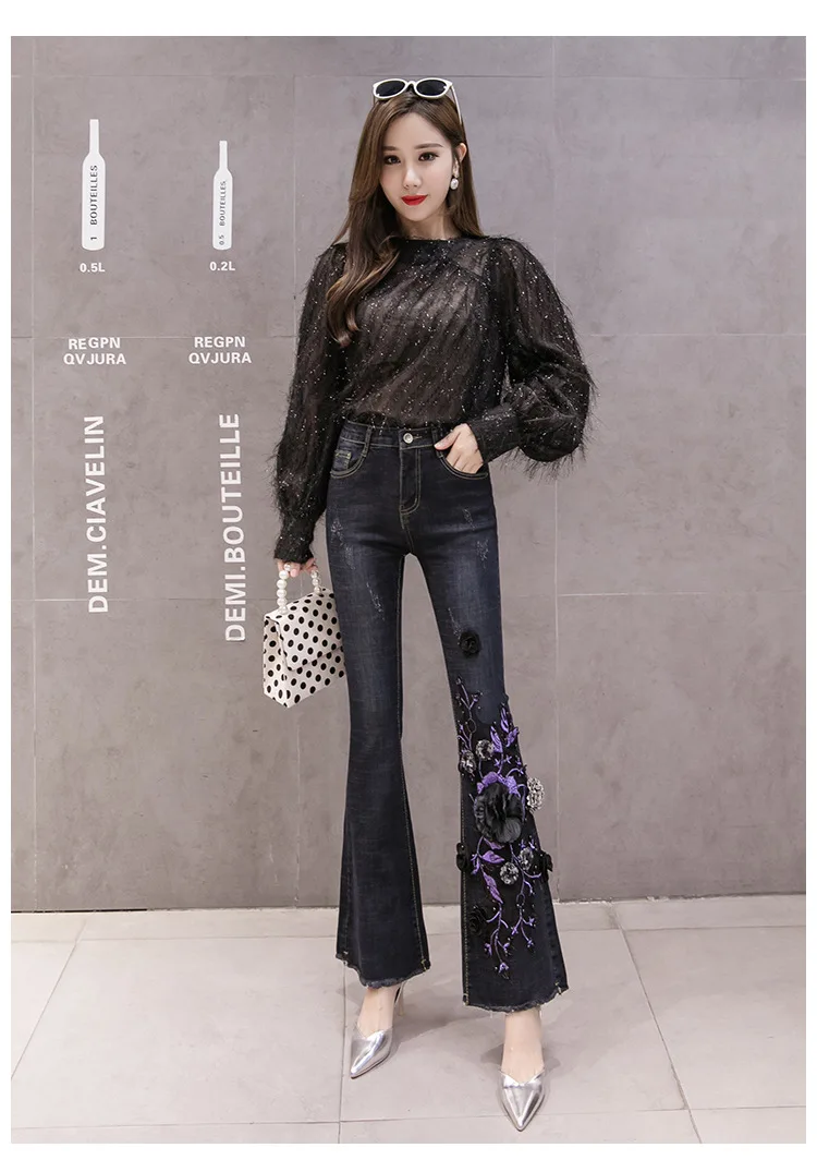 

High waist stretch jeans female appliques embroidery beaded jeans was thinl slim good elastic flare pants wq2097