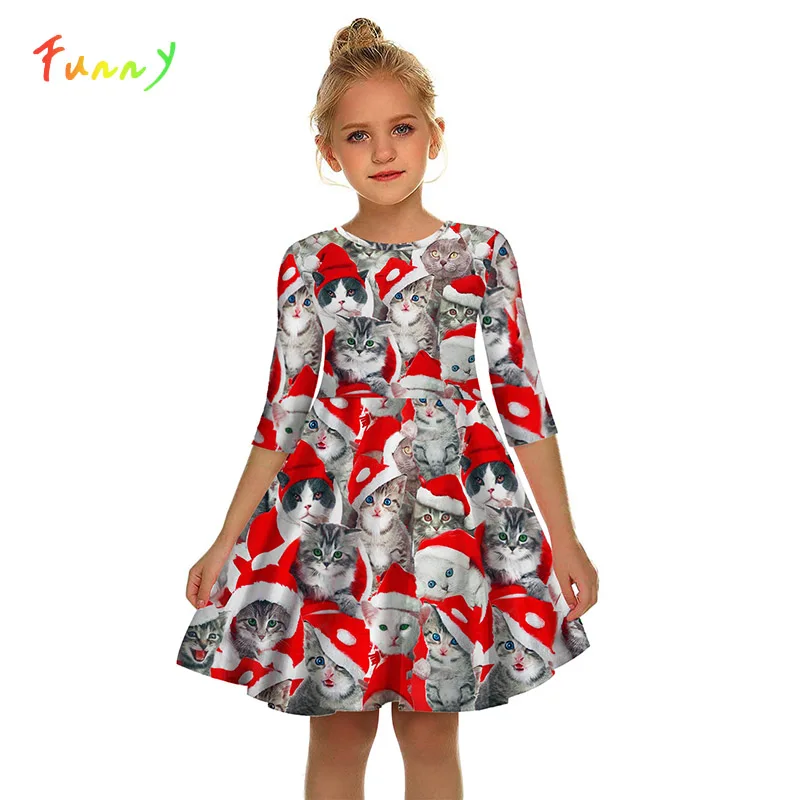 

Cute Cat Print Christmas Dress for Girls Half Sleeve High Waist Party Dresses Kids Clothes 8 10 12 Years Cosplay Costume