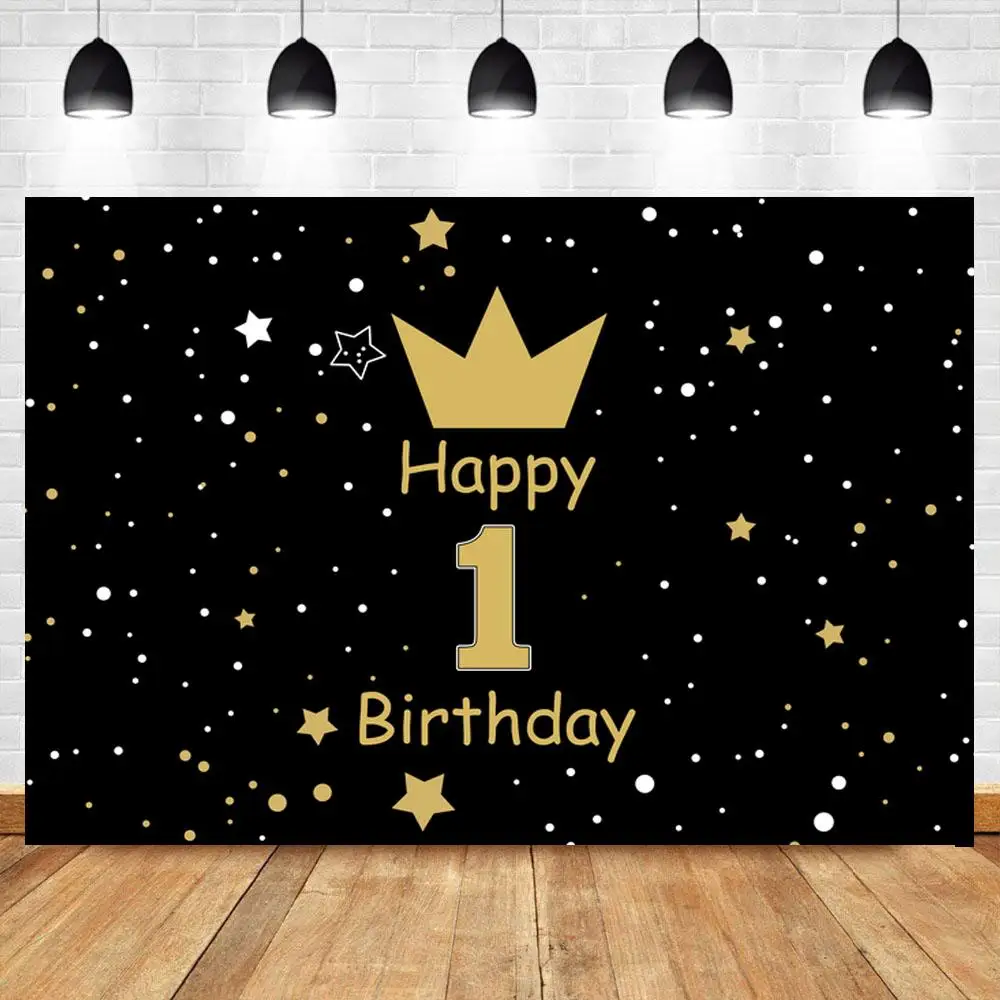 

Golden Crown Dots Happy 1st Birthday Photo Background Black Board Stars Decoration Newborn Baby Photography Backdrops Customize