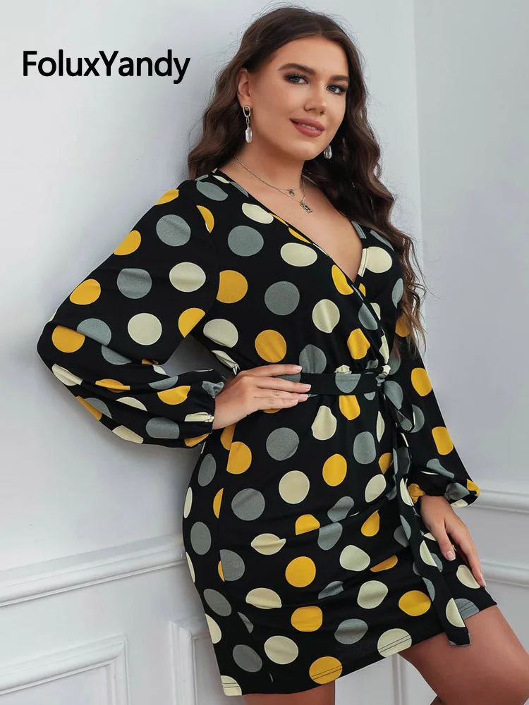 

FoluxYandy Dot Vintage Sheath Dress Women Plus Size V Neck Sashes Long Sleeve Mini Summer Chiffon Dress Vestidos CNFS15