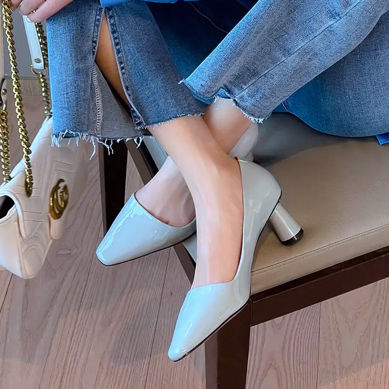 

Krazing Pot superstar cow leather square toe high heels shallow Spring shoes wedding elegant office lady casual women pumps l71