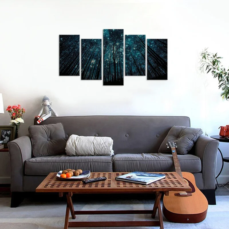 

Landscape Canvas Painting Beautiful Starry Sky Wall Art Poster 5 Pieces Forest In The Night HD Print Home Decor Modern Picture