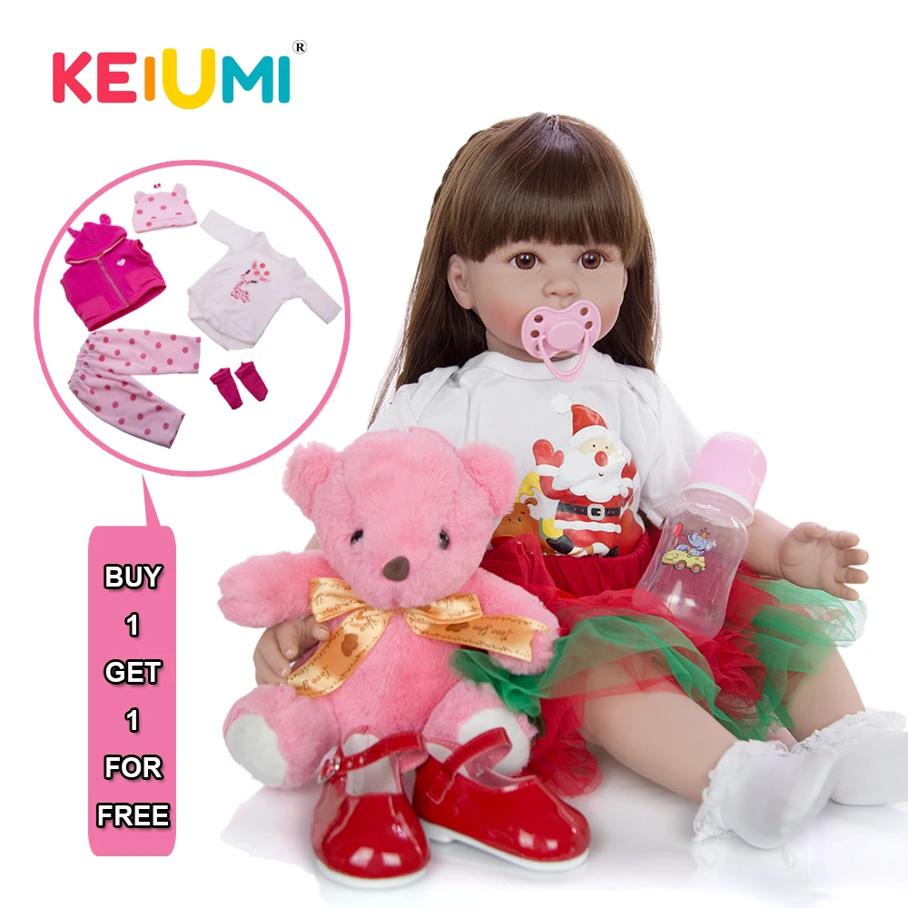 Новогодние силиконовые виниловые куклы Новорожденные KEIUMI, реалистичные куклы с длинными волосами для маленьких девочек 60 см с 2 комплектами одежды
