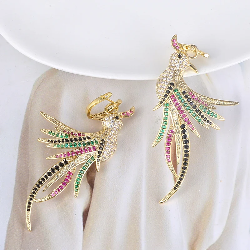 Позолоченные Разноцветные серьги в форме феникса полностью выложенные