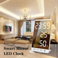 6 inch led mirror alarm clock touch button wall digital clock time temperature humidity display usb output port table clock