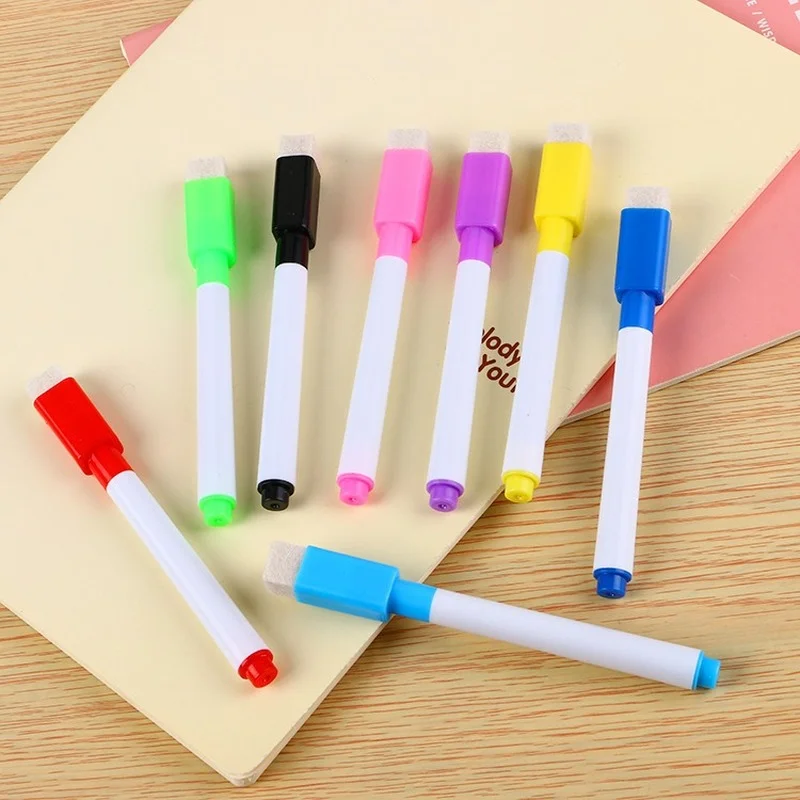 

8 Pcs/lot Colorful black School classroom Whiteboard Pen Dry White Board Markers Built In Eraser Student children's drawing pen