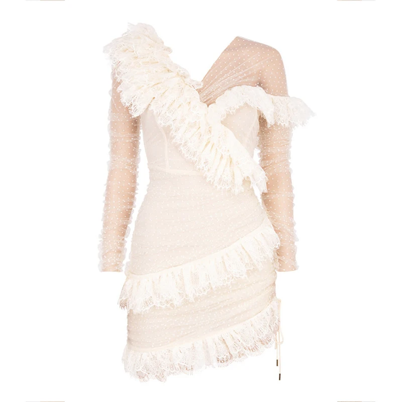 

Sexy Deer Lady Long Sleeve Off Shoulder Dress Summer White Ruffles Lace Dress Bodycon Celebrity Night Club Party Polka Dot Dress