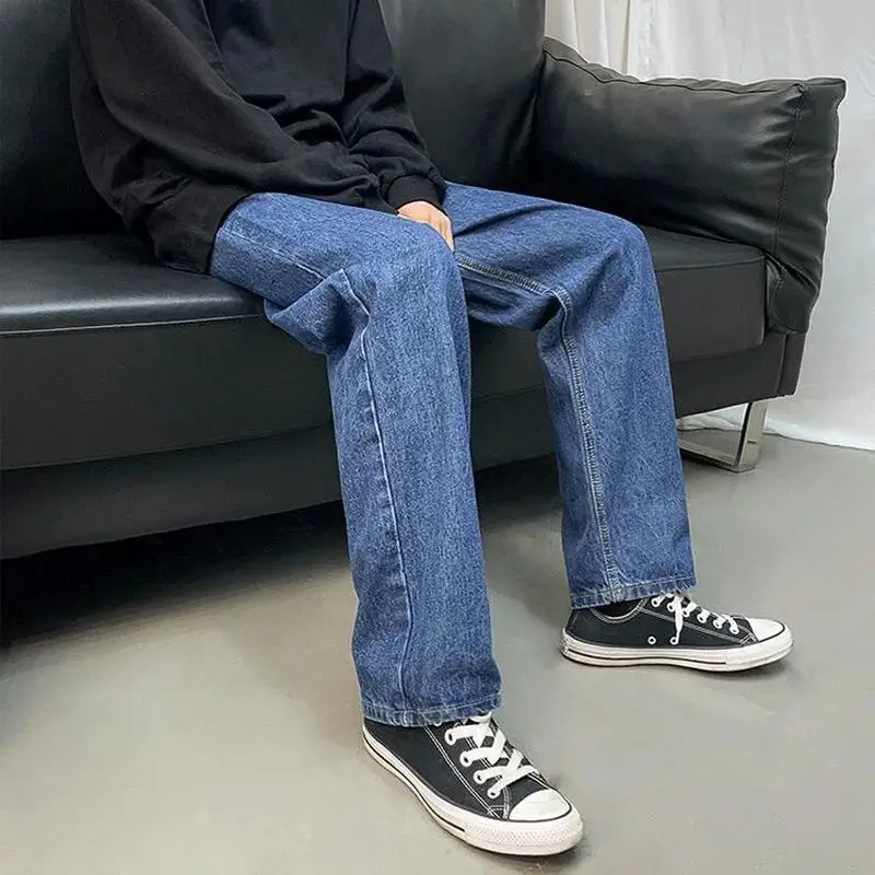 

Men Jeans Floor Length Loose Retro Solid Punk All-match Males Leisure Chic Trendy Cool Denim Straight Cowboy Fashion Trousers
