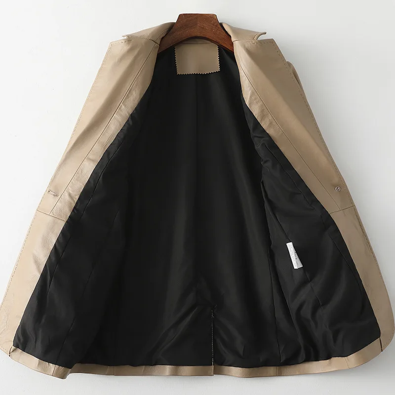 2021 Spring New Soft Sheepskin Khaki Coat Women's Slim Fit Genuine  Leather Mid Length High Quality Single Button Simple Jacket