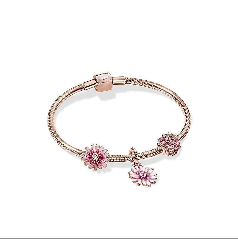 

2020 New 925 Sterling Silver Rose Gold Brilliant Daisy Beaded Pan Bracelet Set For Women Wedding Party Gift Fashion Jewelry
