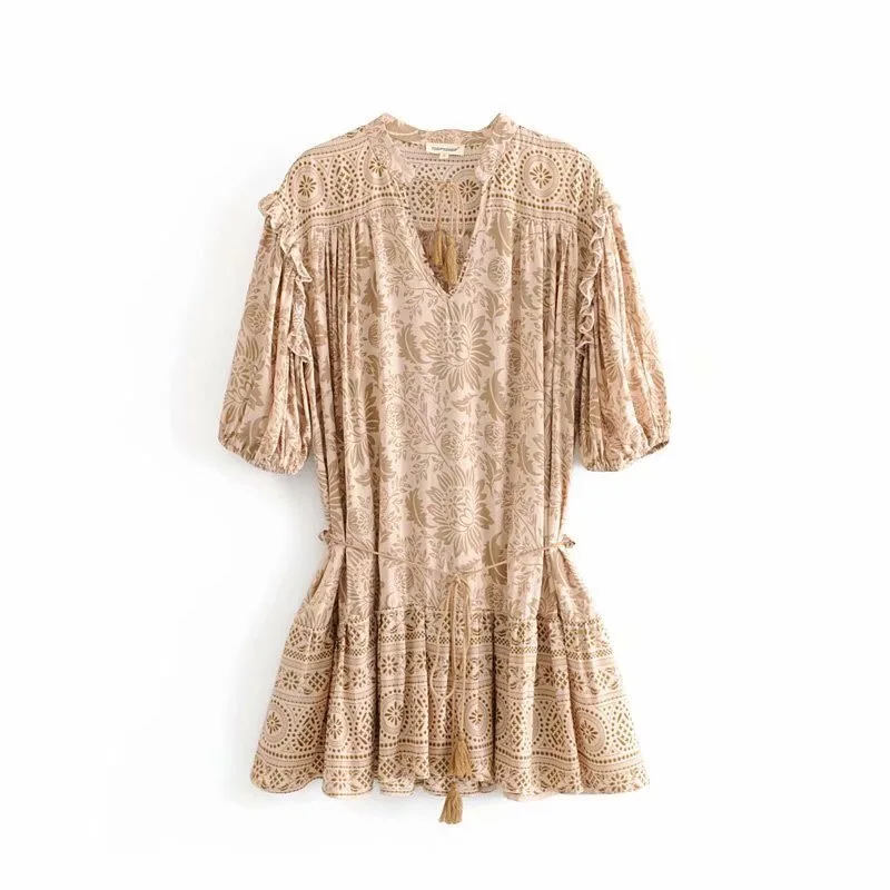 short dress Женское богемное платье с оборками с цветочным принтом и деревянными ушками, винтажное платье с v-образным вырезом, с бретельками, с коротким рукавом, BOHO, платья для праздников, femme Vestido - Цвет: short dress