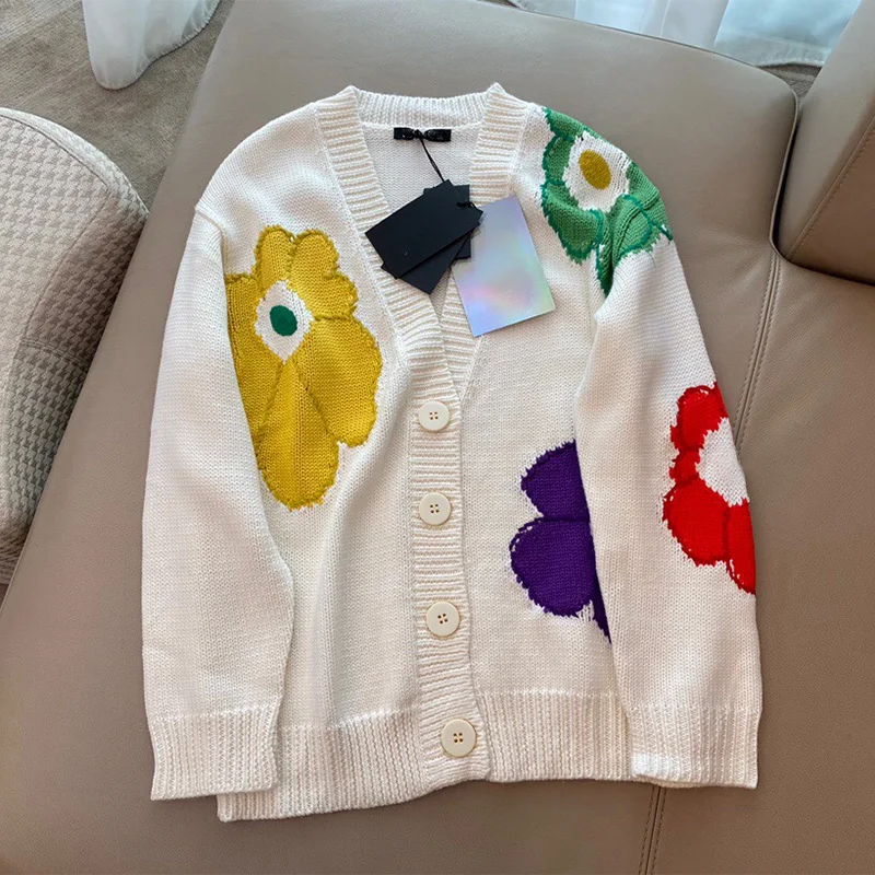 

Женский кардиган, вязаный корейский модный яркий шерстяной свитер с цветами для женщин, зимняя повседневная трикотажная одежда с длинным р...