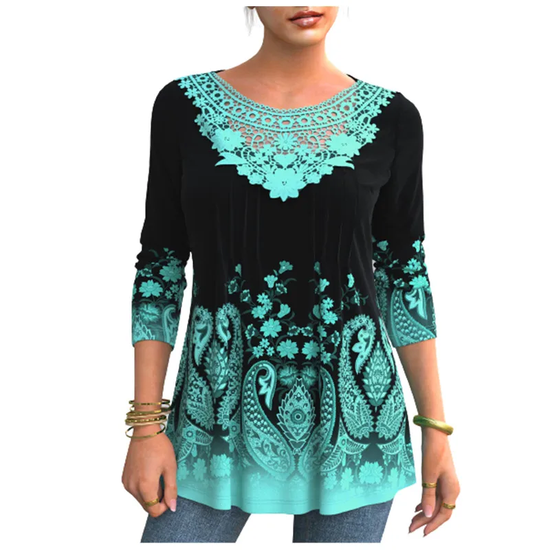 

Casual Autumn Blouse 2021 Women Bohemia Lace Patchwork Print Shirt Long Sleeve Tops Fashion Female Loose Pullover Streetwear Top