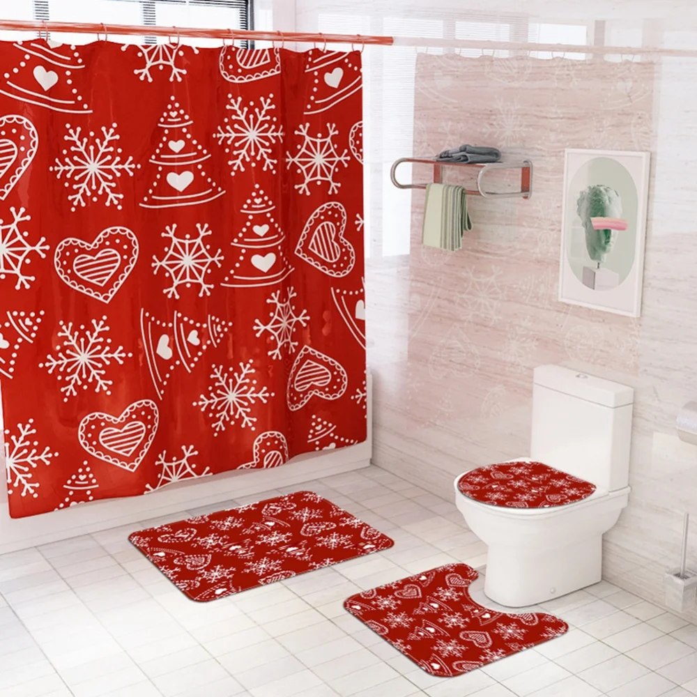 

Christmas Shower Curtain Bath Mat Rug Lid Toilet Cover Bathroom Accessories Set Strong Absorbability Anti Slip Floor Mat
