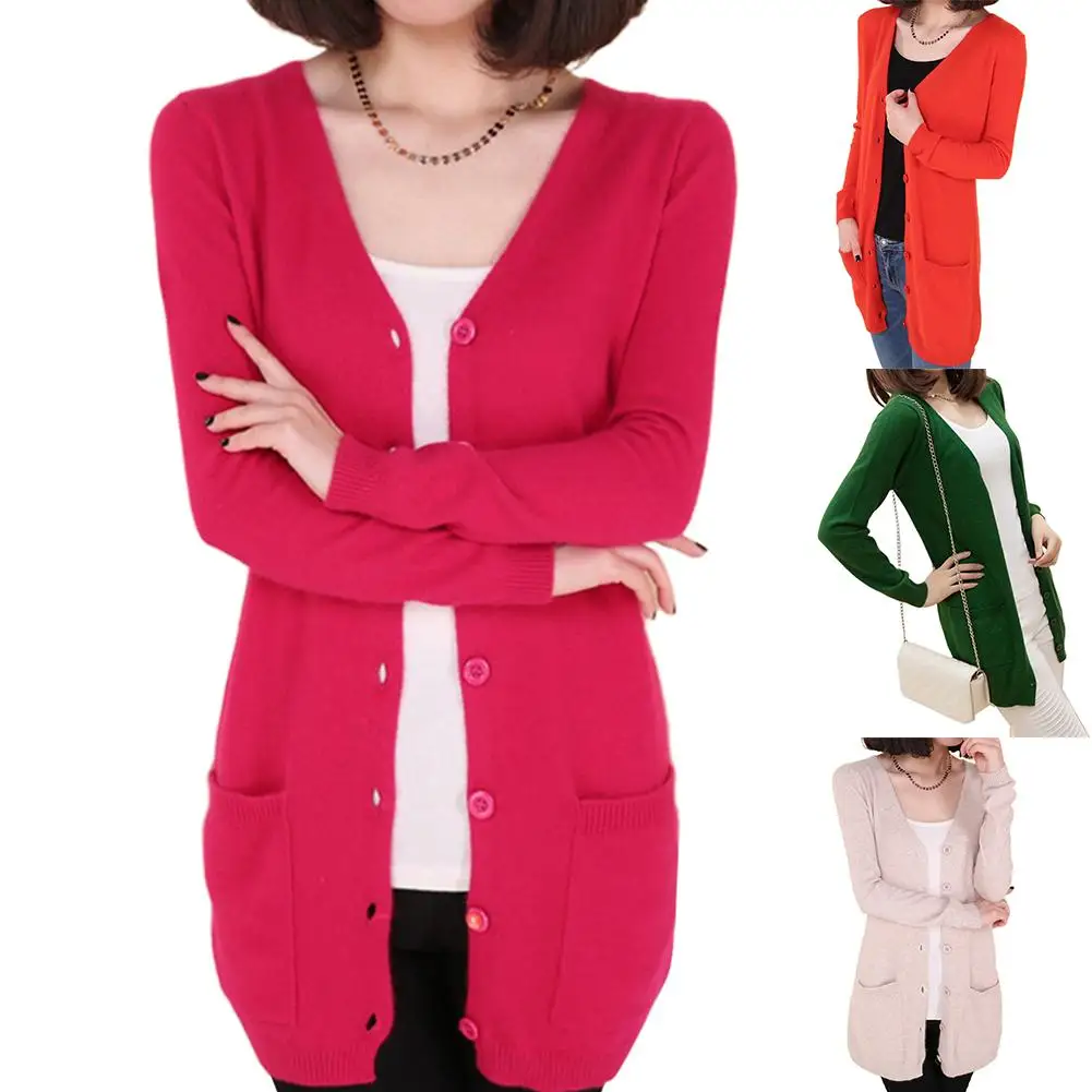Женский кардиган на пуговицах повседневный свободный однотонный средней длины