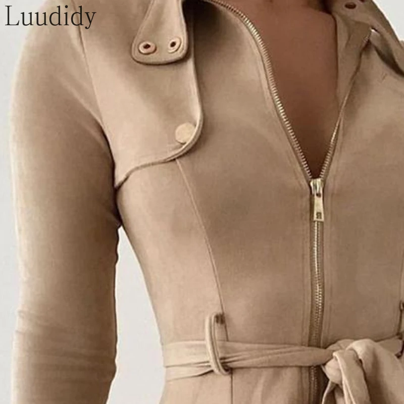 

Women Zipper Design Long Sleeve Belt Dress Elegant Fashion Party Dress