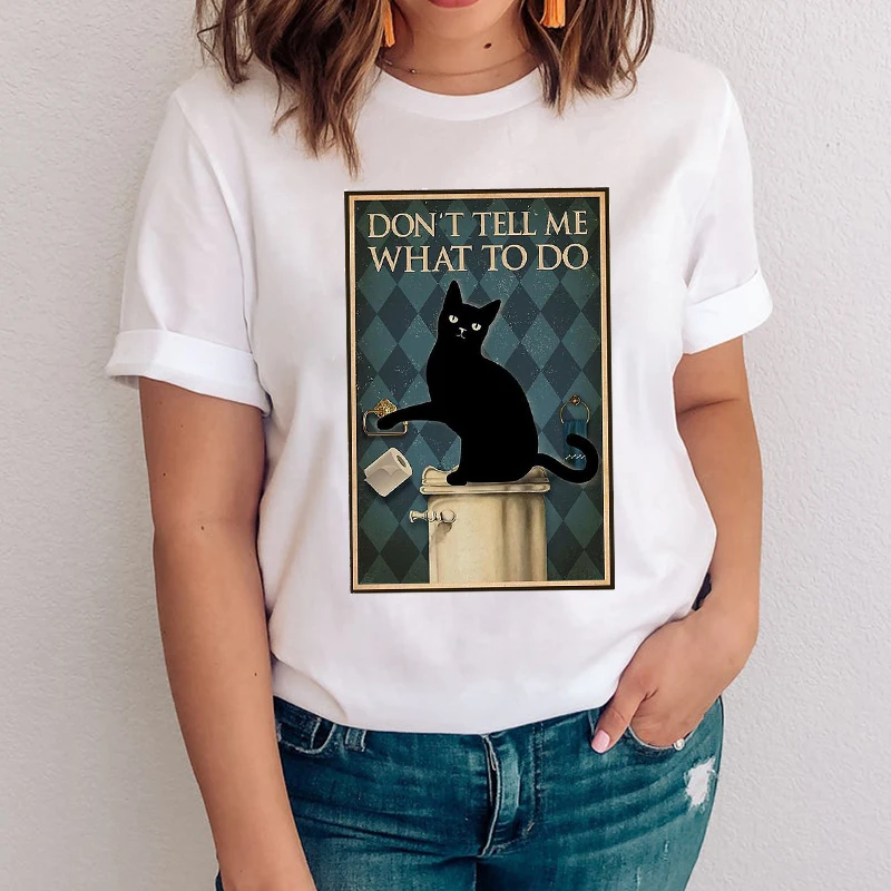 

Women Graphic Cute Pet Drinking Coffee Cartoon Lady Casual Funny Cat Clothes Tops Clothing Tees Print Female Tshirt T-Shirt